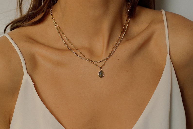 Labradorite Necklace Gold Filled Chain, Layered Necklace Set, Raw Labradorite Stone Necklace, Teardrop Gray Crystal Necklace Gold image 10