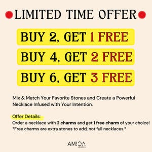 May include: Promotional graphic with text "LIMITED TIME OFFER." It features three yellow rectangles with the text "BUY 2, GET 1 FREE," "BUY 4, GET 2 FREE," and "BUY 6, GET 3 FREE." The graphic promotes necklace charms.