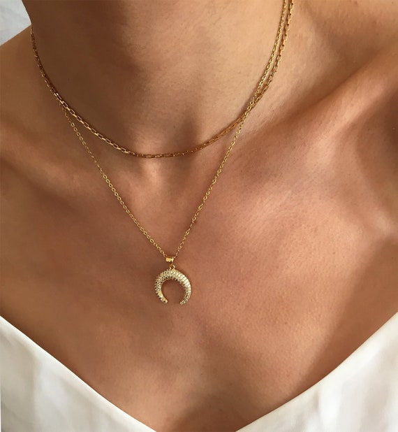 dainty necklace moon necklace double horn Gold crescent necklace everyday jewelry