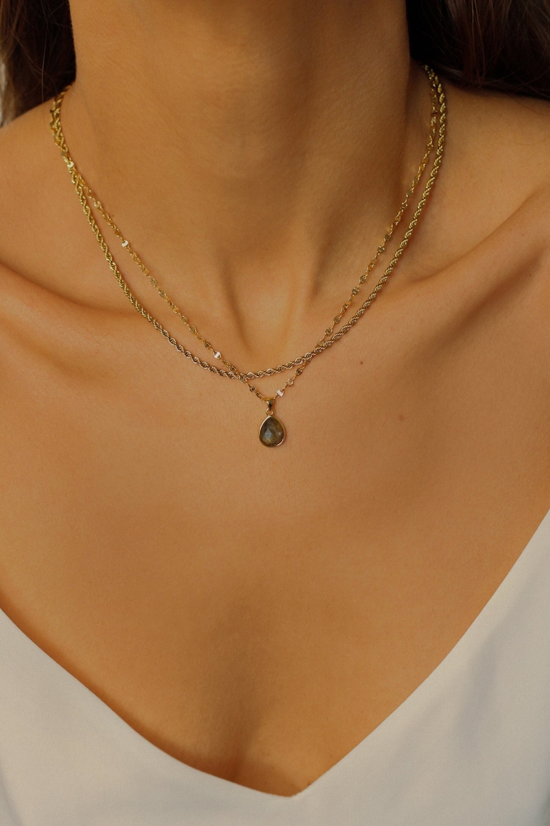 Labradorite Necklace Gold Filled Chain, Layered Necklace Set, Raw Labradorite Stone Necklace, Teardrop Gray Crystal Necklace Gold image 3