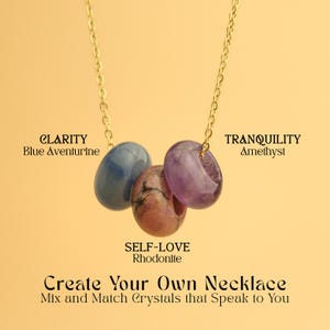 May include: A gold chain necklace featuring three gemstone pendants: blue aventurine, rhodonite, and amethyst. The text on the image reads "CLARITY", "SELF-LOVE", and "TRANQUILITY". The necklace is displayed against a yellow background.