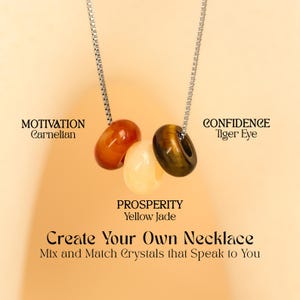 May include: A silver chain necklace featuring three gemstone beads: carnelian, yellow jade, and tiger eye. The text on the image reads "MOTIVATION Carnelian", "PROSPERITY Yellow Jade", and "CONFIDENCE Tiger Eye". The image also says "Create Your Own Necklace".