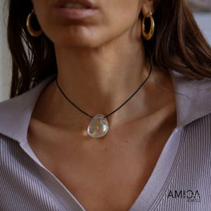 Angel Aura Quartz Necklace, Natural Stone Pendant, Black Silk Cord Necklace, Prosperity Crystals, Unique Jewelry Gift for Her