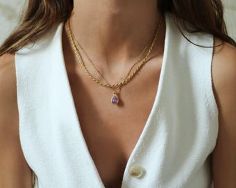 Raw Amethyst Crystal Necklace, Amethyst Pendant, Gold Satellite Chain, Natural Stone Necklace, Girlfriend Gift