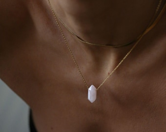 Gold Rose Quartz Crystal Point Necklace, Natural Stone Pendant