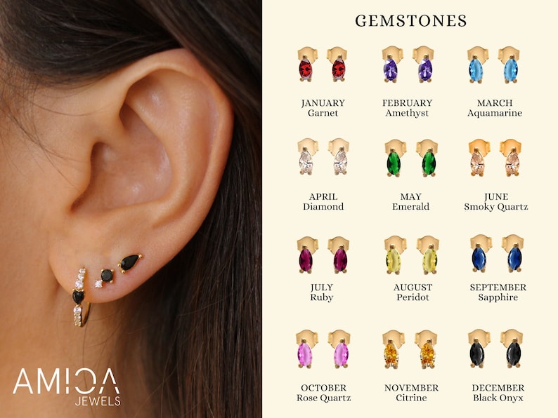 Aquamarine earrings, Onyx Stud Earrings, Sterling Silver Cartilage Earring, Tiny Helix Earring, Dainty earrings gold, Minimalist earrings image 3