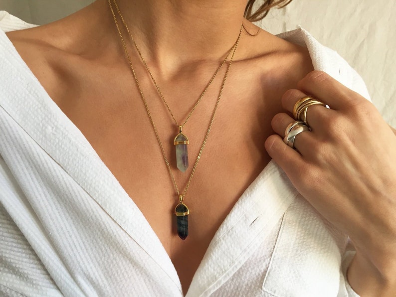 long crystal necklace gold filled chain Rainbow fluorite necklace gold long genuine chakra necklace raw fluorite pendant
