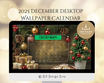 2025 Gold and Red Christmas December Desktop Wallpaper Calendar, PC and Windows, Digital Download, Seasonal, Holidays, Planner
