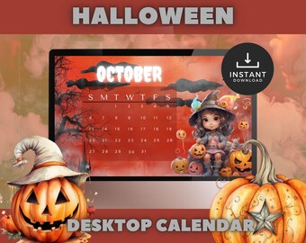 Orange Halloween Witch Desktop Wallpaper Calendar, Mac and PC friendly, Instant Download, Seasonal Calendar, Halloween Witch Wallpaper