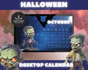 Dark Blue Zombie Halloween Desktop Wallpaper Calendar, Mac and Windows friendly, Instant Download, Digital Calendar, Seasonal calendar