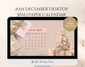 2025 Beige and Pink Christmas December Desktop Wallpaper Calendar, PC and Windows, Digital Download, Vintage Boho Christmas, Seasonal