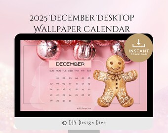 2025 Pink Gingerbread December Desktop Wallpaper Calendar, PC and Windows, Digital Download, Holiday Wallpapers,  Christmas, Seasonal