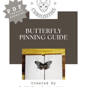 Könnte beinhalten: Ein digitaler Download-Leitfaden zum Präparieren von Schmetterlingen. Der Leitfaden zeigt eine Schwarzweißillustration eines Schmetterlings, der auf ein Buch gesteckt ist. Der Leitfaden wurde von Evil Eye Curiosities erstellt.