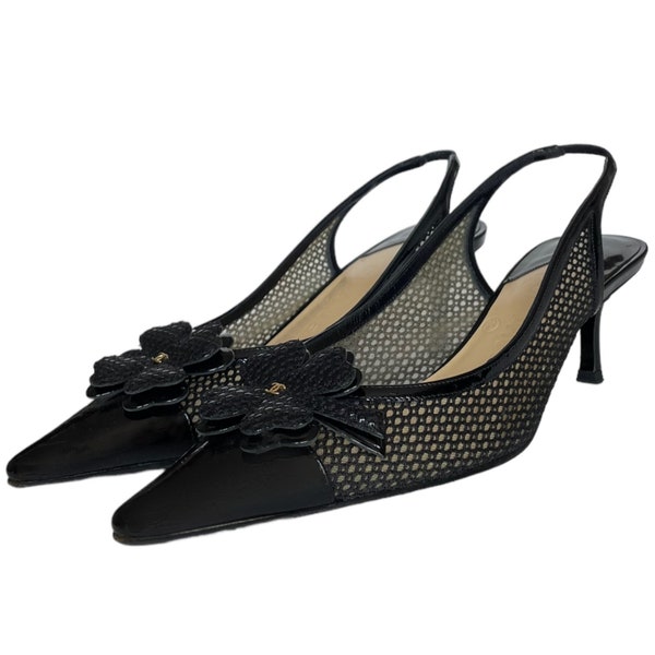 Chanel Black Mesh Logo Slingback Heels
