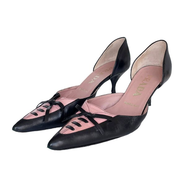 Prada Heels - Authentic Prada Bow Kitten Heels in Black / Pink UK 3 vintage 2000s y2k 90s genuine rare