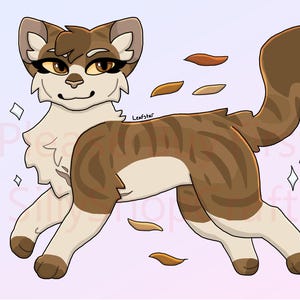 May include: A digital illustration of a cat with brown and tan markings, including a striped pattern and a fluffy tail. The cat has a friendly expression, with falling leaves and sparkling accents. The artist's signature, "Leafstar," is visible in the image.