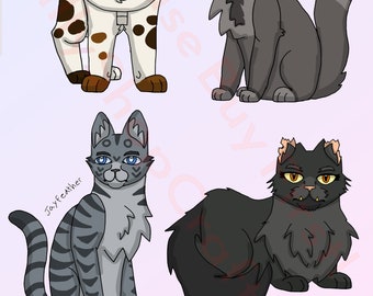 May include: Four cartoon cats with different fur patterns and colors. Spottedleaf is a brown and white cat with brown eyes. Cinderpelt is a gray cat with blue eyes. Jayfeather is a gray and white tabby cat with blue eyes. Yellowfang is a black cat with yellow eyes.