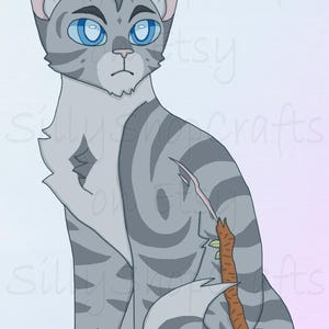May include: A digital illustration of a grey tabby cat with dark grey stripes, bright blue eyes, and a pink nose. The cat is sitting and holding a brown wooden stick with a small green leaf attached to it. The name Jayfeather is written below.