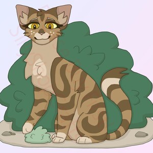 May include: Illustration of a tan and brown tabby cat with yellow eyes, sitting in front of a green bush. The cat has a white chest with a spade-like marking. The background is a gradient of pink and purple.