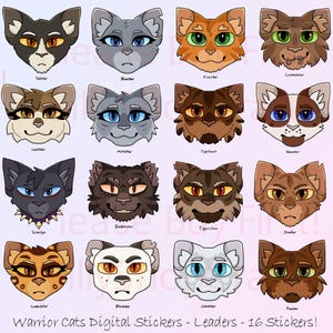 Può includere: Un foglio di 16 adesivi digitali raffiguranti facce di gatti con diversi motivi ed espressioni del pelo. I gatti sono in tonalità di grigio, arancione, marrone e bianco. Il testo in basso recita "Warrior Cats Digital Stickers - Leaders - 16 Stickers!"