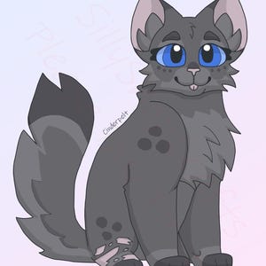 May include: A gray and white cat with blue eyes sits with its tongue sticking out. The cat has a few dark spots on its fur. The cat is sitting on a light pink background.