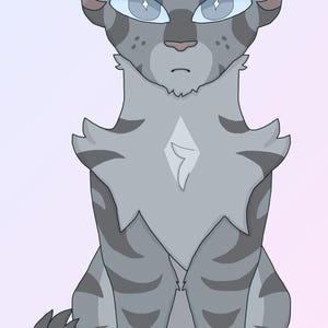 May include: A gray and white tabby cat with blue eyes sits with a serious expression. The cat has a diamond-shaped marking on its chest.