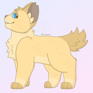 Puede incluir: Una ilustración de dibujos animados de un cachorro marrón claro con ojos azules, de pie sobre un fondo morado claro.