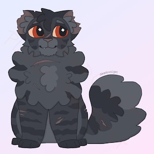 May include: A cartoon illustration of a gray and black cat with red eyes. The cat has a fluffy tail and is sitting on a light blue background.