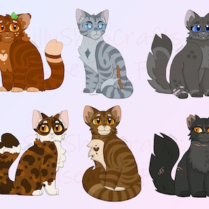 Op de afbeelding: Zes cartoon-katten met verschillende vachtpatronen en kleuren. De katten zitten en kijken naar de kijker. De katten zijn allemaal van verschillende rassen en hebben verschillende persoonlijkheden.