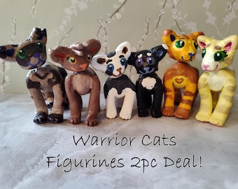 Figura de arcilla de 2 piezas de Gatos Guerreros: Estrella de Fuego, Tormenta de Arena, Zarpa de Cuervo, Cebada, Viento Veloz y Ratón - OOAK