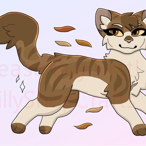 May include: A digital illustration of a stylised cat with brown and white fur, brown eyes, and a striped tail. The cat is in a running pose with leaves and sparkles around it. The text "Please Silly Cat!" is partially visible.