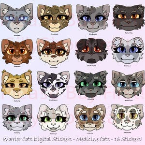 Op de afbeelding: Een set van 16 digitale stickers met Warrior Cats-personages. De stickers zijn in cartoon-stijl en tonen de gezichten van verschillende katten met verschillende vachtkleuren en patronen. De tekst "Warrior Cats Digital Stickers - Medicine Cats - 16 Stickers!" staat onderaan de afbeelding.