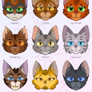 Op de afbeelding: Negen cartoon kattengezichten met verschillende vacht- en oogkleuren. De katten zijn gerangschikt in drie rijen van drie. De tekst "The New Prophecy" staat onder de afbeeldingen.