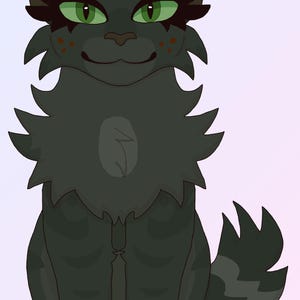 May include: A black and green cat with green eyes and a white patch on its chest. The cat is sitting with its tail curled around its legs.