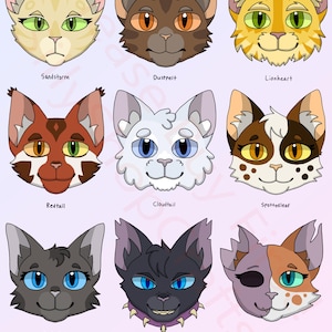 May include: Nine cartoon cat faces with different colored fur and eye colors. The cats are arranged in three rows of three. The text "The Prophecies Begin" is at the bottom of the image.