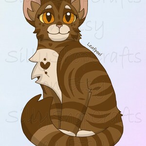May include: A digital illustration of a brown tabby cat with dark brown stripes, large amber eyes, and a white chest patch featuring a small heart-shaped marking. The cat is sitting in a profile pose with the text Leafpool written near its shoulder.
