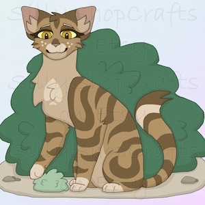 May include: A digital illustration of a brown tabby cat with dark brown stripes, yellow eyes, and white markings on its face and chest. The cat is sitting in front of a large green bush on a light-colored ground with a small green tuft of grass.