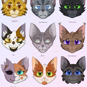 以下が含まれることがあります： 異なる毛皮の色と目の色の9匹の漫画の猫のデジタルイラスト。猫は3x3のグリッドに配置されています。テキスト「The Power of Three」はグリッドの下にあります。