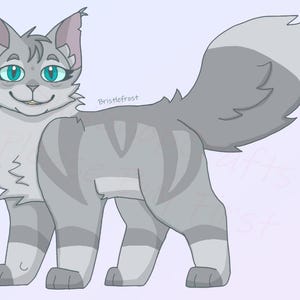 Peut inclure: Un chat gris et blanc aux yeux bleus et une queue touffue. Le chat est debout sur ses quatre pattes et regarde vers la gauche. Le chat a un motif rayé sur son corps.