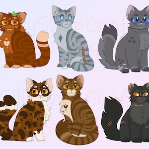 May include: A digital illustration featuring six stylized cats in various colors and patterns. The cats are arranged in two rows, displaying distinct fur markings, eye colors, and poses. Each cat is depicted with a unique coat, including tabby, spotted, and solid color variations, set against a light, soft-toned background.
