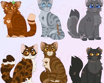 May include: A digital illustration featuring six stylized cats in various colors and patterns. The cats are arranged in two rows, displaying distinct fur markings, eye colors, and poses. Each cat is depicted with a unique coat, including tabby, spotted, and solid color variations, set against a light, soft-toned background.