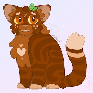 May include: A cartoon illustration of a brown tabby cat with orange eyes and a green leaf on its head. The cat is sitting with its tail curled around its legs.