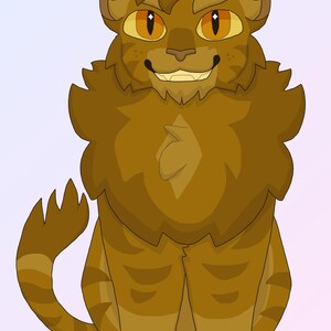 May include: A cartoon illustration of a brown tabby cat with orange eyes. The cat is sitting with its paws tucked under its body and has a mischievous grin on its face. The background is a gradient of light blue and purple.