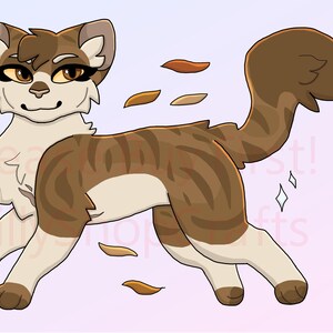 May include: A cartoon cat illustration with brown and white fur, a striped body, and a fluffy tail. The cat has a friendly expression and is surrounded by stylized leaves and sparkles.