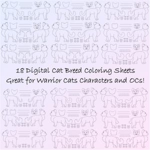 Puede incluir: Hojas para colorear digitales con varias razas de gatos en arte lineal. La imagen incluye el texto "18 Digital Cat Breed Coloring Sheets Great for Warrior Cats Characters and OCs!". Ideal para colorear y proyectos creativos.
