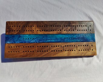 Walnut Cribbage Board With Epoxy Resin Accent • Travel Size Cribbage Board • Wood Cribbage Board