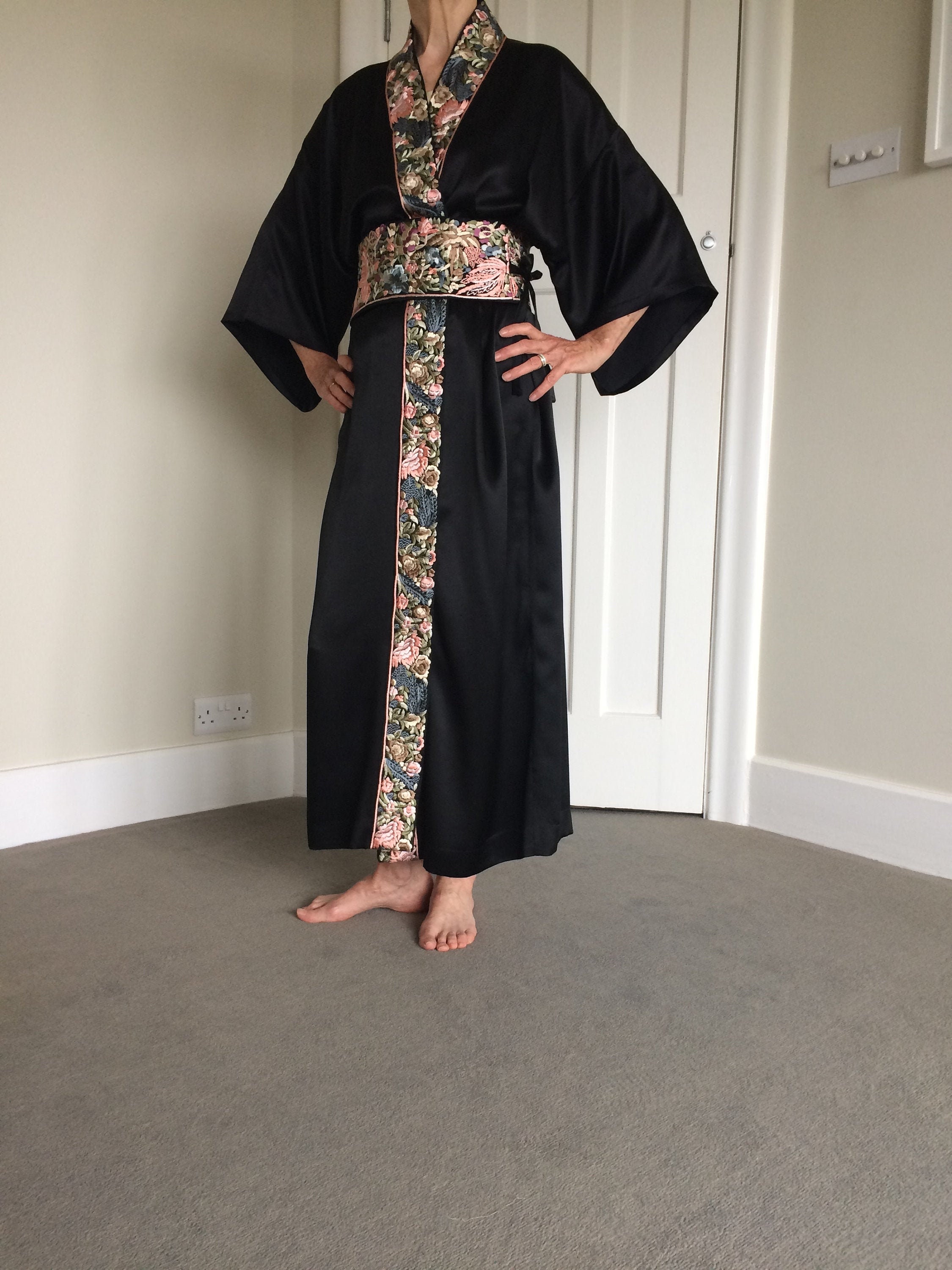 100 Silk kimonostyle dressing gown with embroidered trim and Etsy