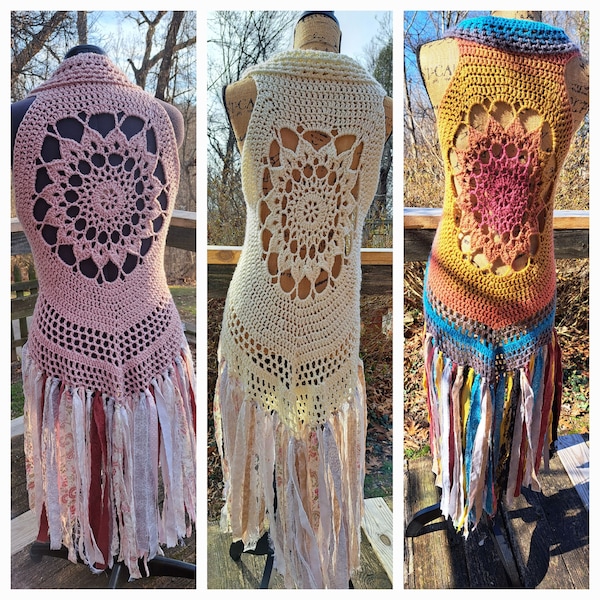 Bohemian Crochet Forest Fae Vest with fabric fringe and embellishments