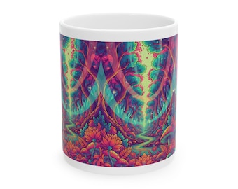 Psychedelic Floral Forest Mug | Colorful Trippy Nature Art Ceramic Mug