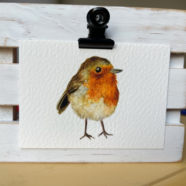 Impresión ACEO de acuarela de pájaro / Lindo petirrojo rojo / Giclée / Miniatura artística / 3.5”x2.5”